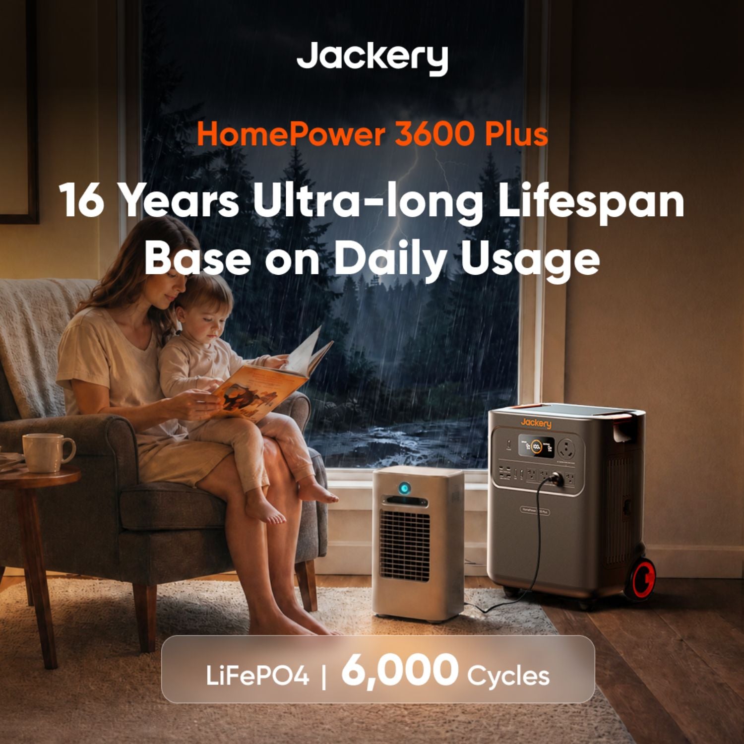 Jackery HomePower 3600 Plus Portable Power Station  - connected to a electric cooling fan