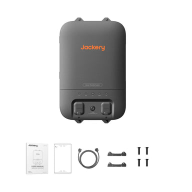 Jackery Smart Transfer Switch with packaging, cable, and connectors on a white background