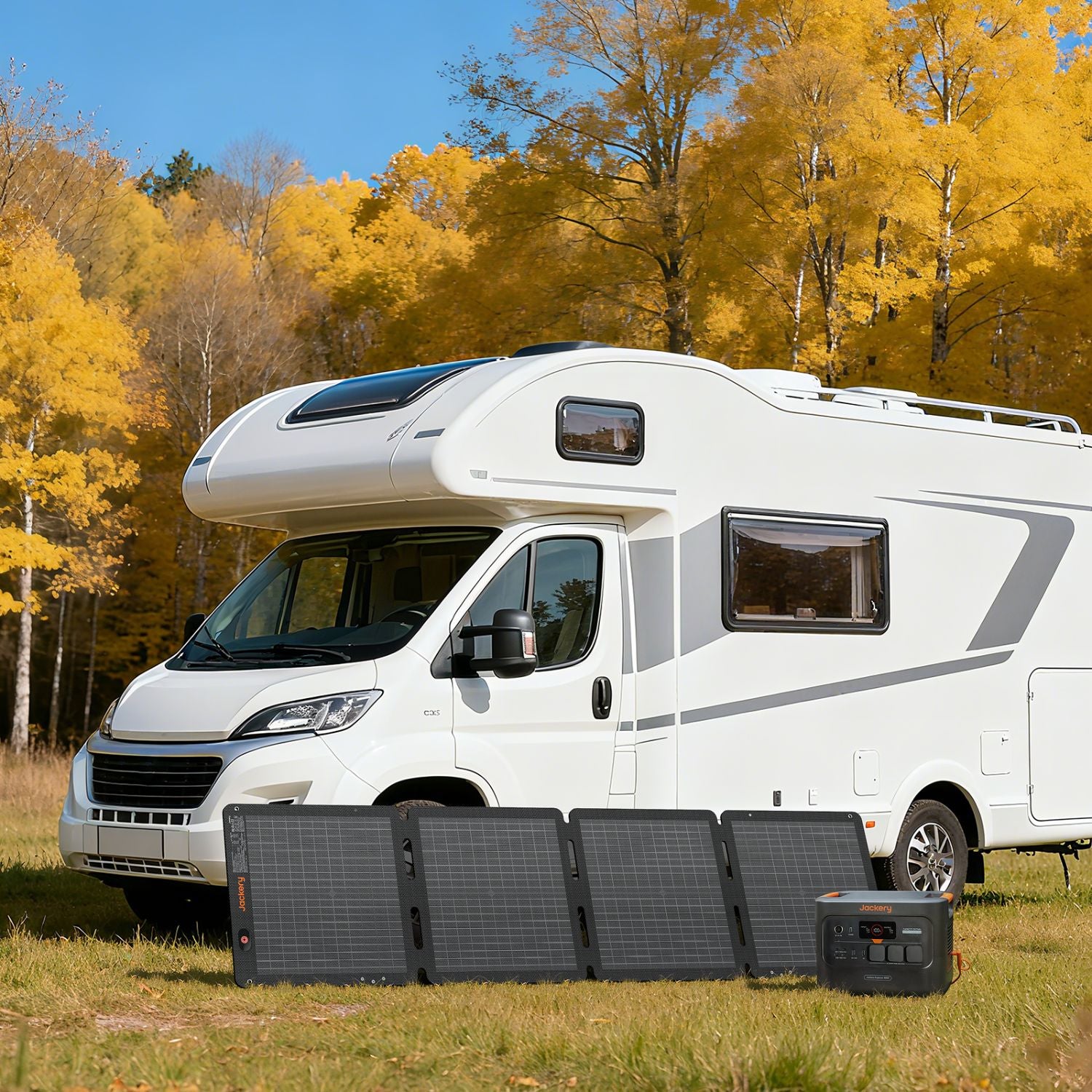 Jackery SolarSaga 100W Air Solar Panel in front of the camping truck 