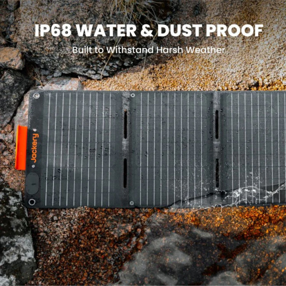 Jackery SolarSaga 40W Mini Solar Panel on a rocky surface with 'Jackery' branding, emphasizing water and dust proof features.