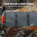 Jackery SolarSaga 40W Mini Solar Panel on a rocky surface with 'Jackery' branding, emphasizing water and dust proof features.