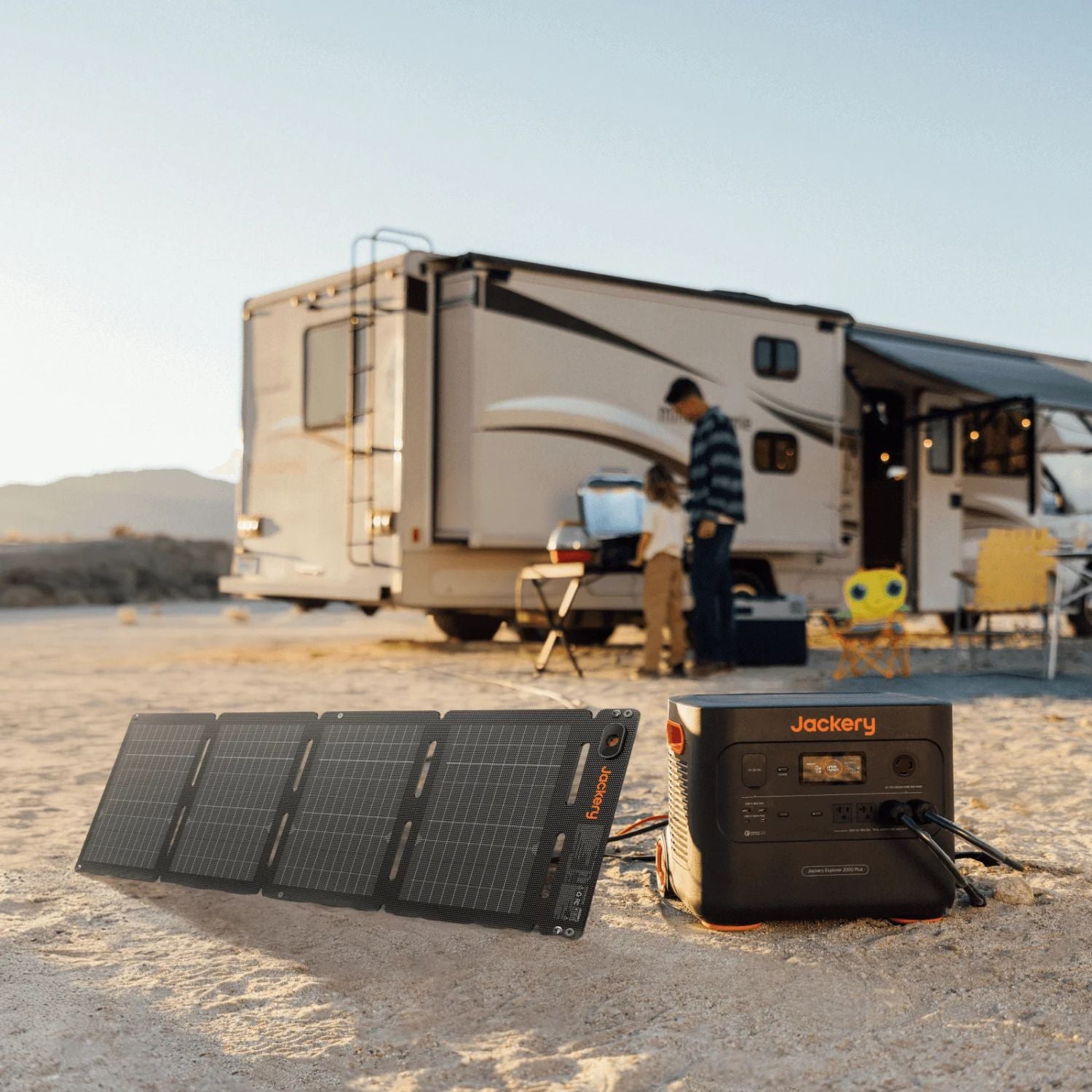 Jackery SolarSaga 40 Watt Air Portable Solar Panel connected to a portable station