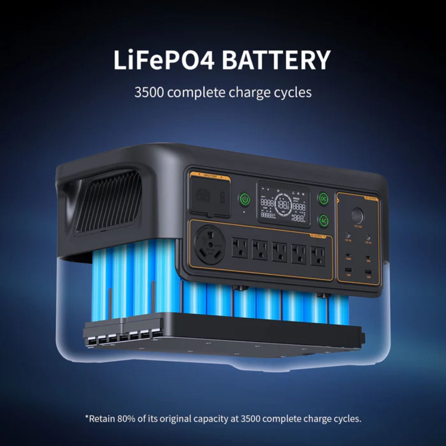 LiFePO4 battery with digital display on a dark blue background