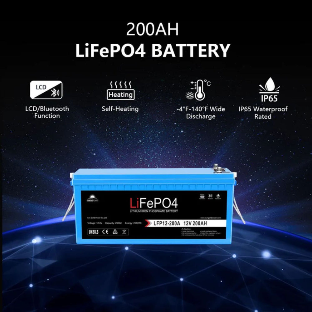 LiFePO4 battery with features listed on a dark background