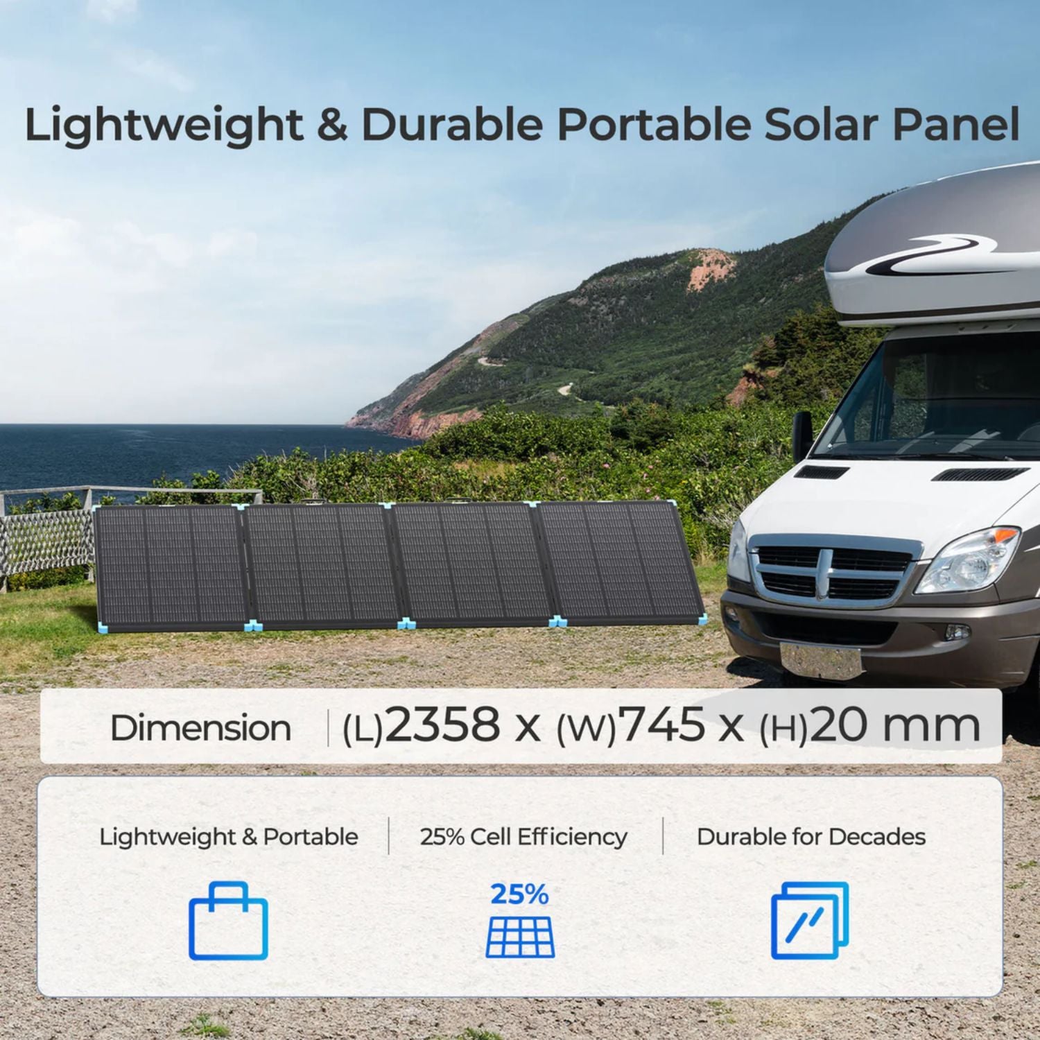 Lightweight and durable Renogy Solar Suitcase N-Type 300W Lightweight Portable Solar Panel with dimensions displayed, set against a scenic backdrop with an RV.