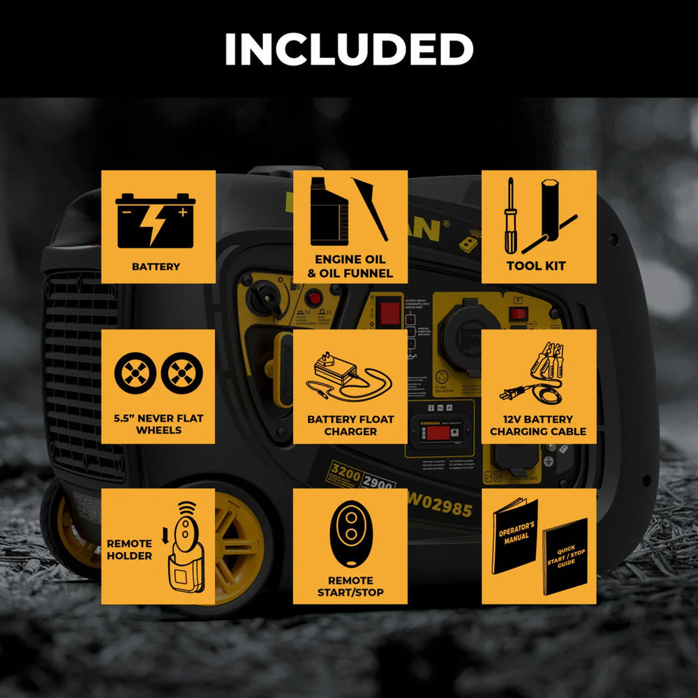 List of included items for a Firman W02985 Generator 