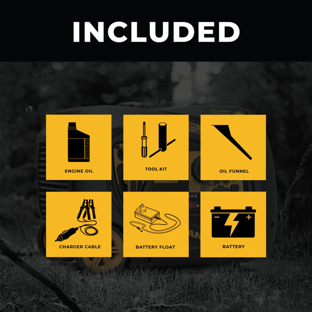 List of included items in Firman W03382 Generator with icons and labels on a dark background