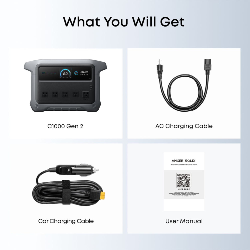 List of items included with Anker SOLIX C1000 Gen 2 Portable Power Station, including AC and car charging cables and a user manual.