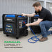 Man connecting a DuroMax XP11000iHT Portable Inverter Generator another unit, with text highlighting 'Parallel Capability'.