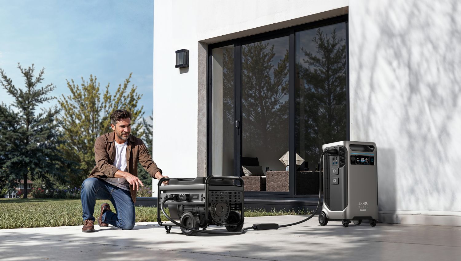 Man connecting the Anker SOLIX F3800 Plus Power Station to a generator