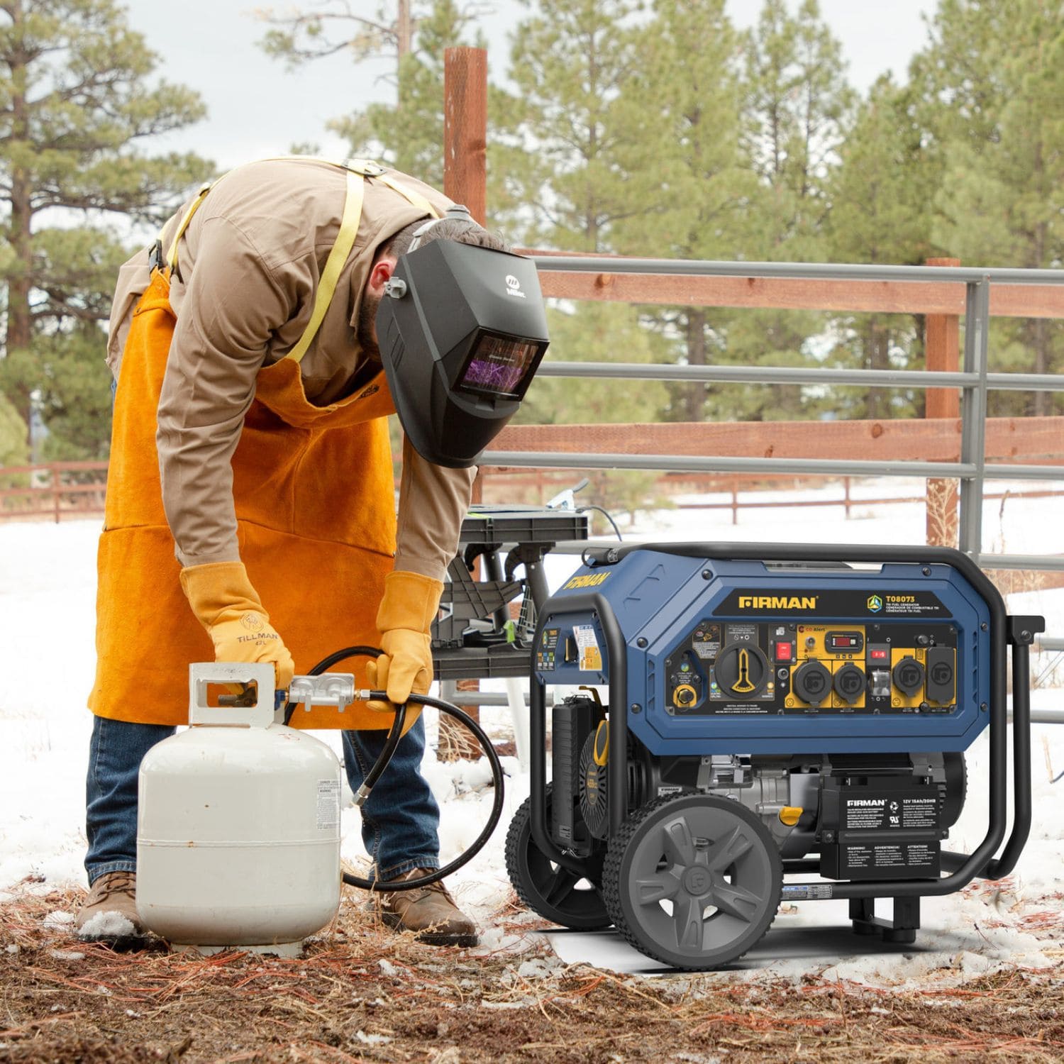 Man fueling Firman T08073 Tri-Fuel Portable Generator with gasoline