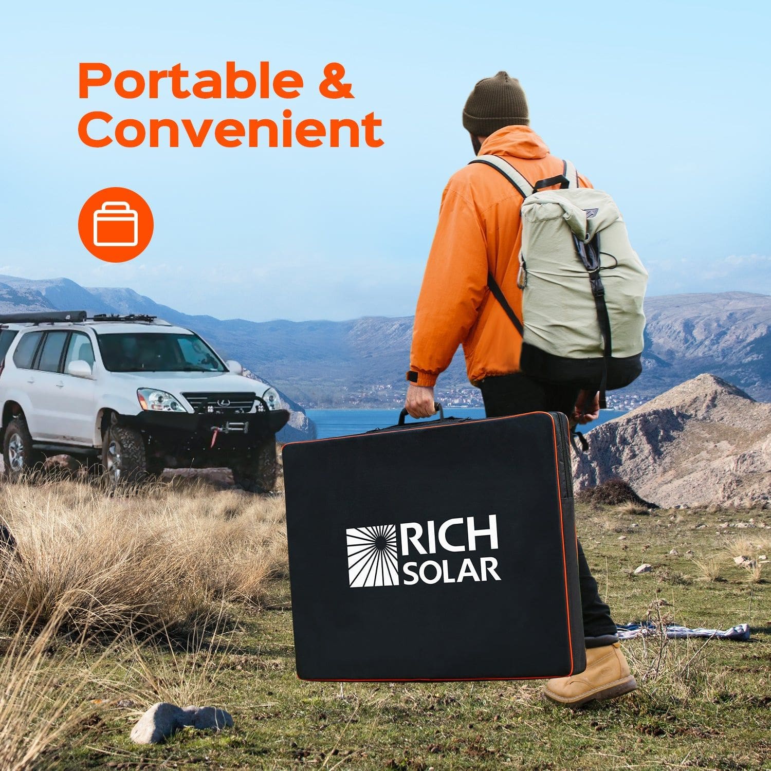 Man holding Rich Solar Mega 200W Portable Solar Panel Briefcase