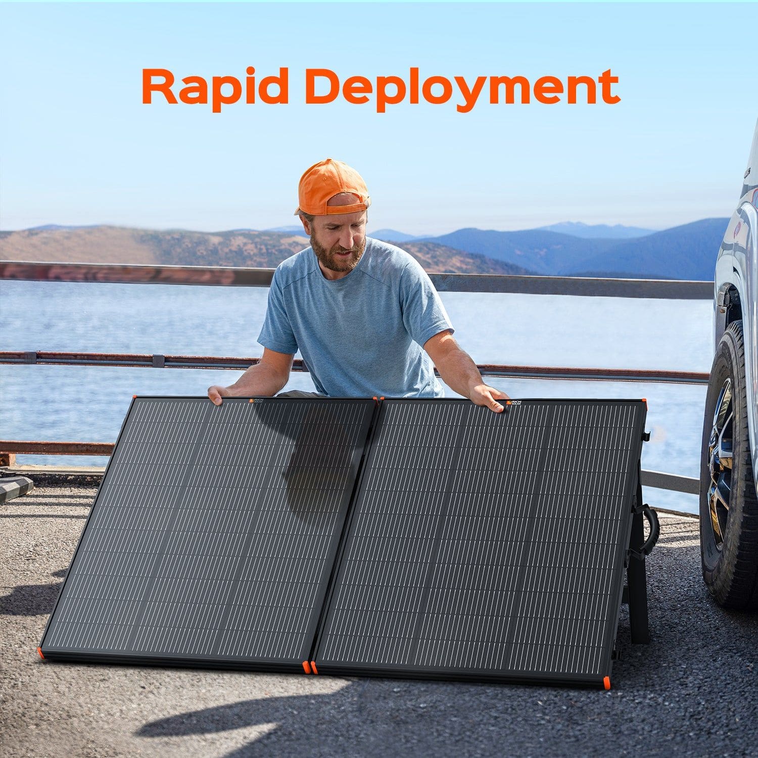 Man holding open Rich Solar Mega 200W Portable Solar Panel Briefcase 