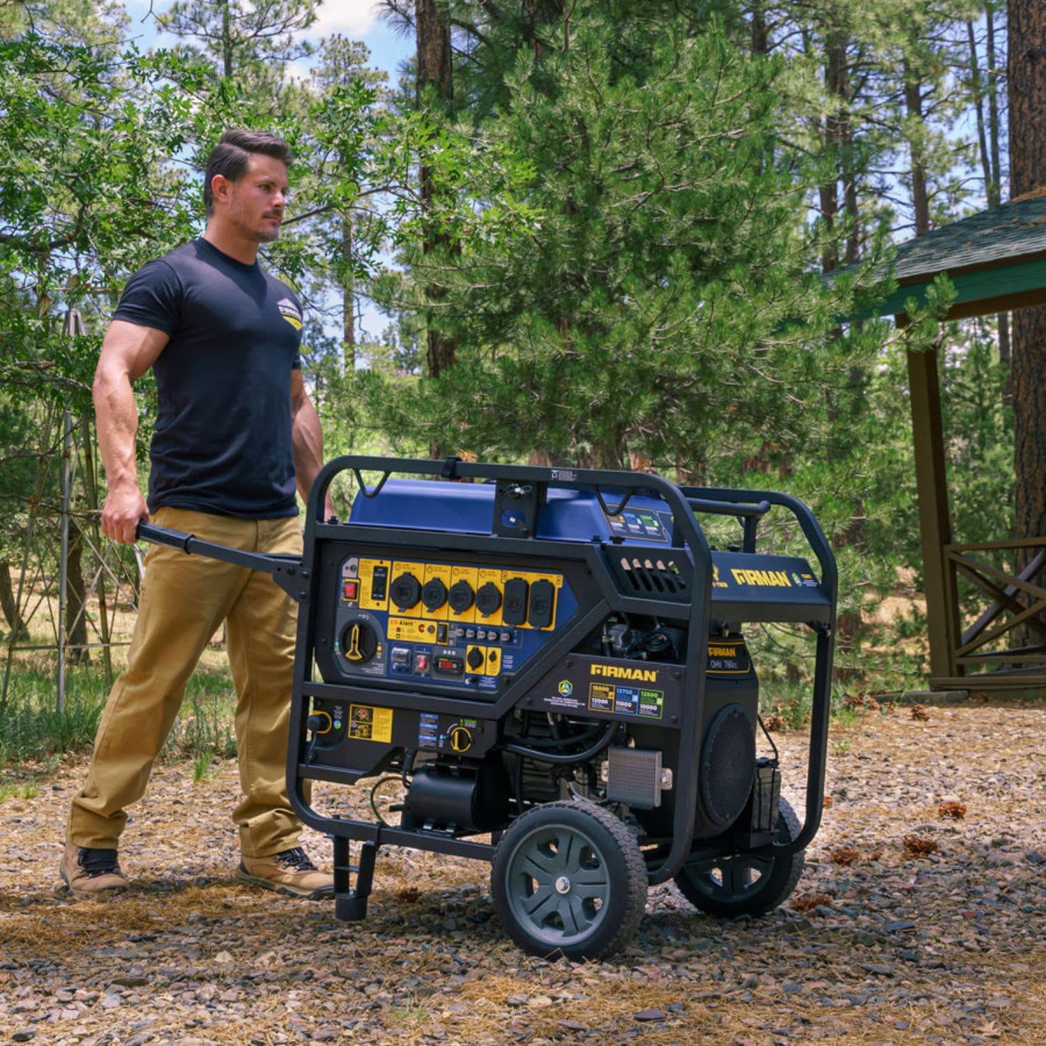 Man holding the Firman 12000W/15000W T12071 Tri-Fuel Portable Generator