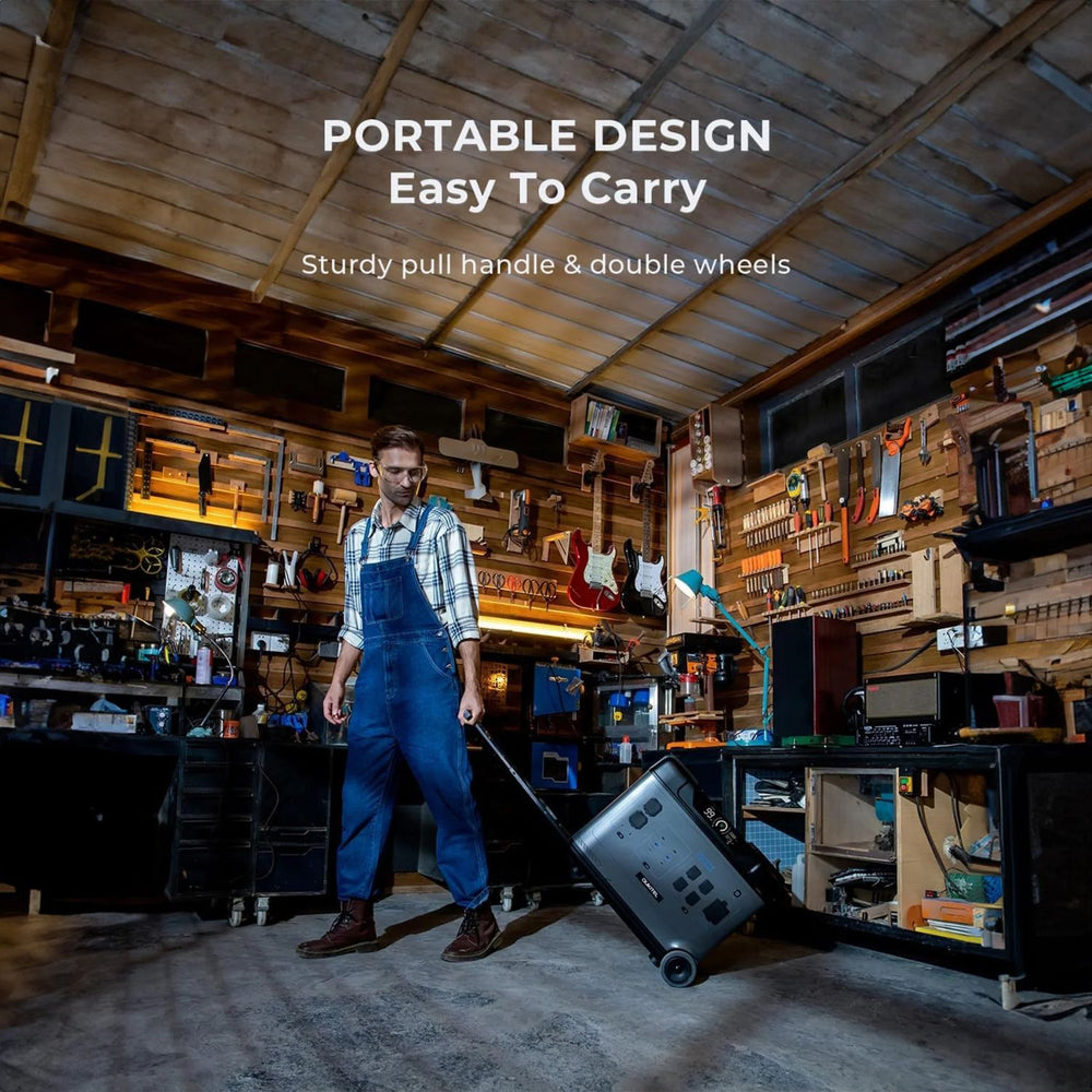 Man in a workshop pushing a OUKITEL P5000 Portable Power Station  with text about its design and features.