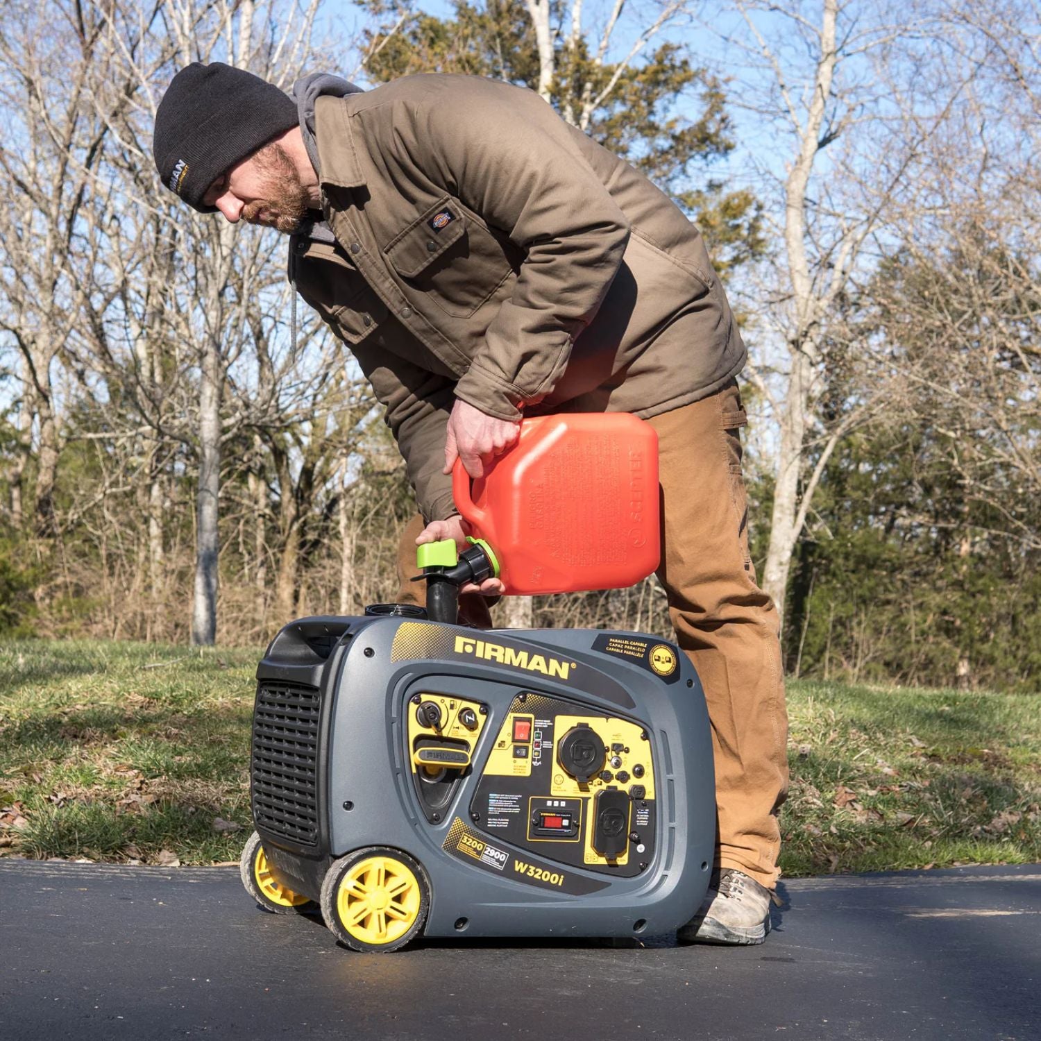 Man refueling a Firman W02981 Generator