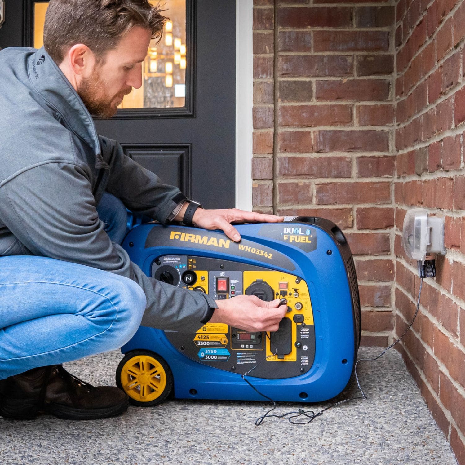 Man turning on the Firman WH03342 Dual Fuel Inverter Generator, 4125W