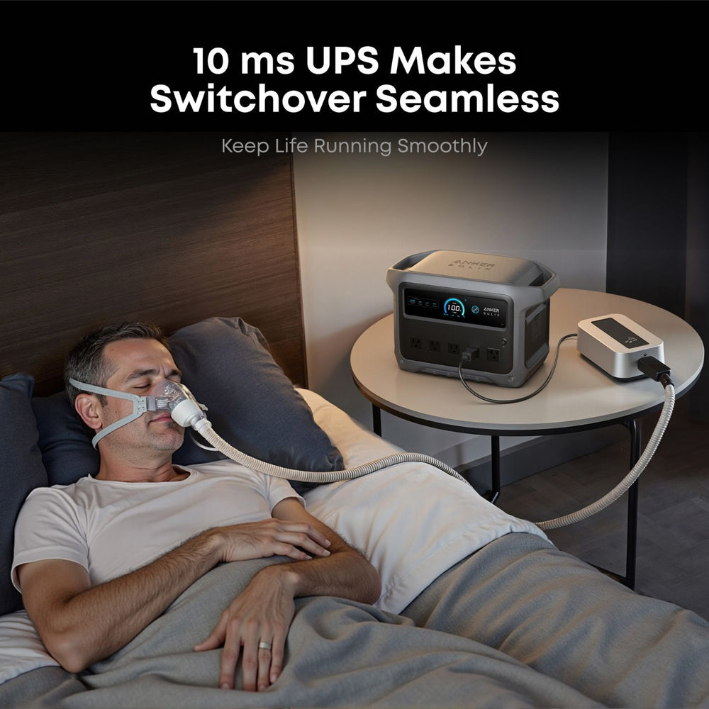 Man using a CPAP machine with a Anker SOLIX C1000 Gen 2 Portable Power Station