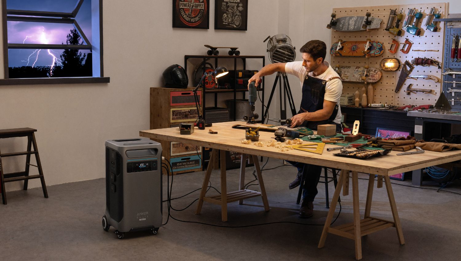 Man using a drill powered by the Anker SOLIX F3800 Plus Power Station