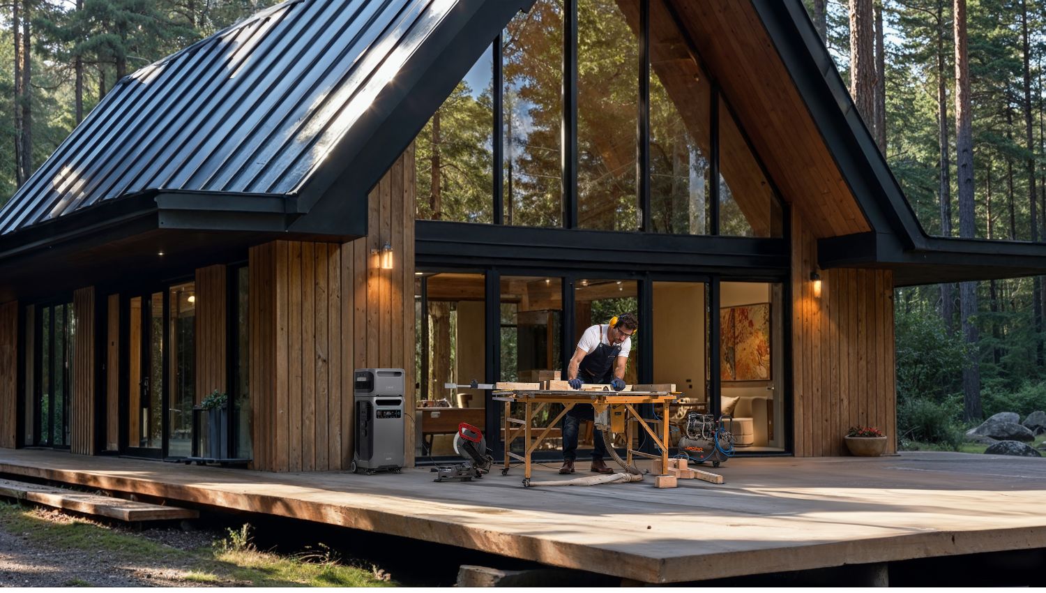 Man using the Anker SOLIX F3800 Plus Power Station to power a saw for cutting wood
