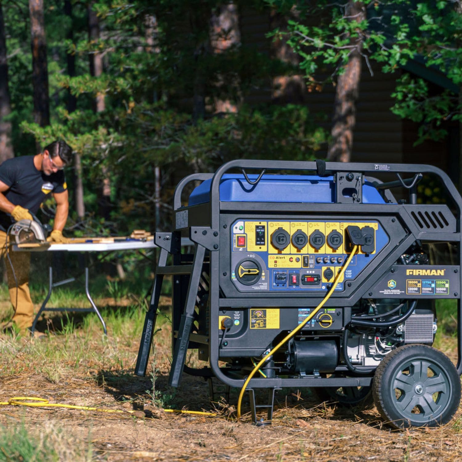 Man using the Firman T12071 Tri-Fuel Portable Generator to power a wood-cutting tool outdoors