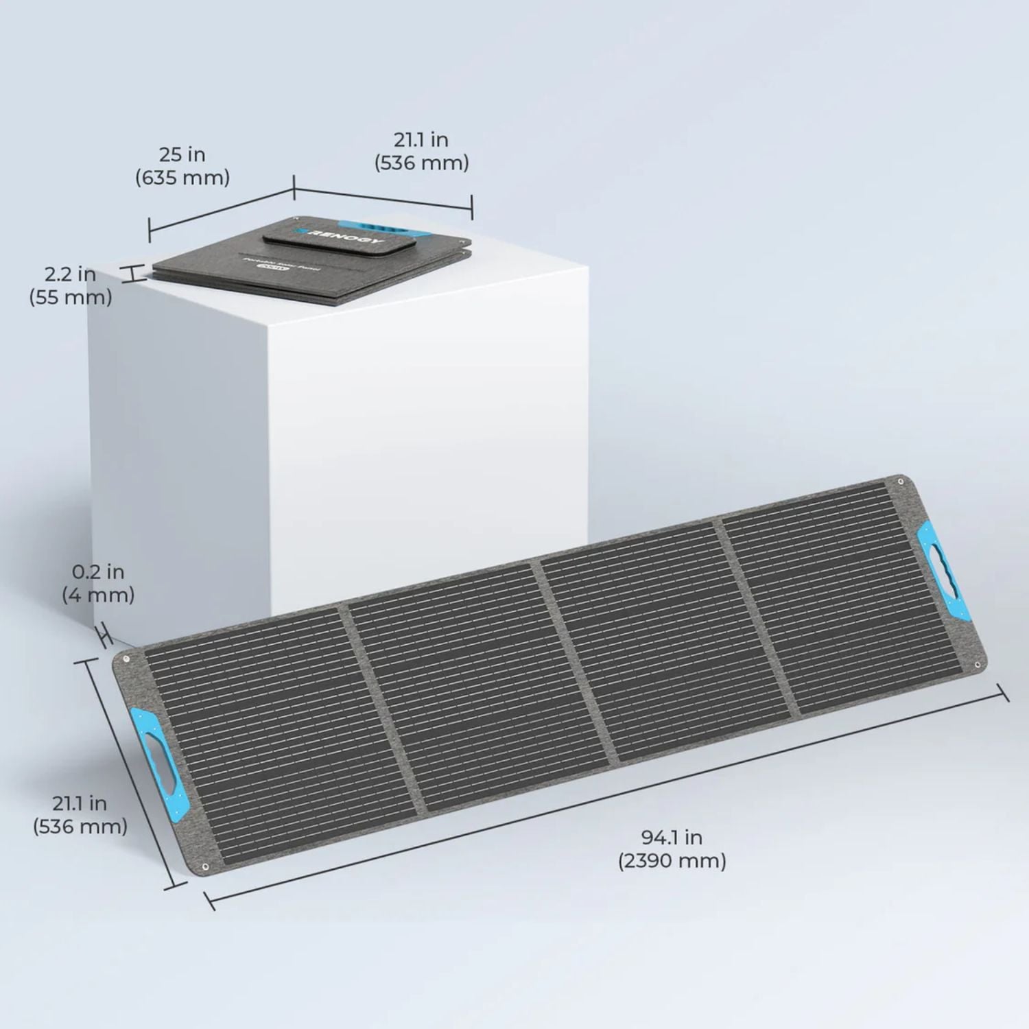 Measurement chart showing dimensions of a Renogy E.FLEX 200W Portable Solar Panel 