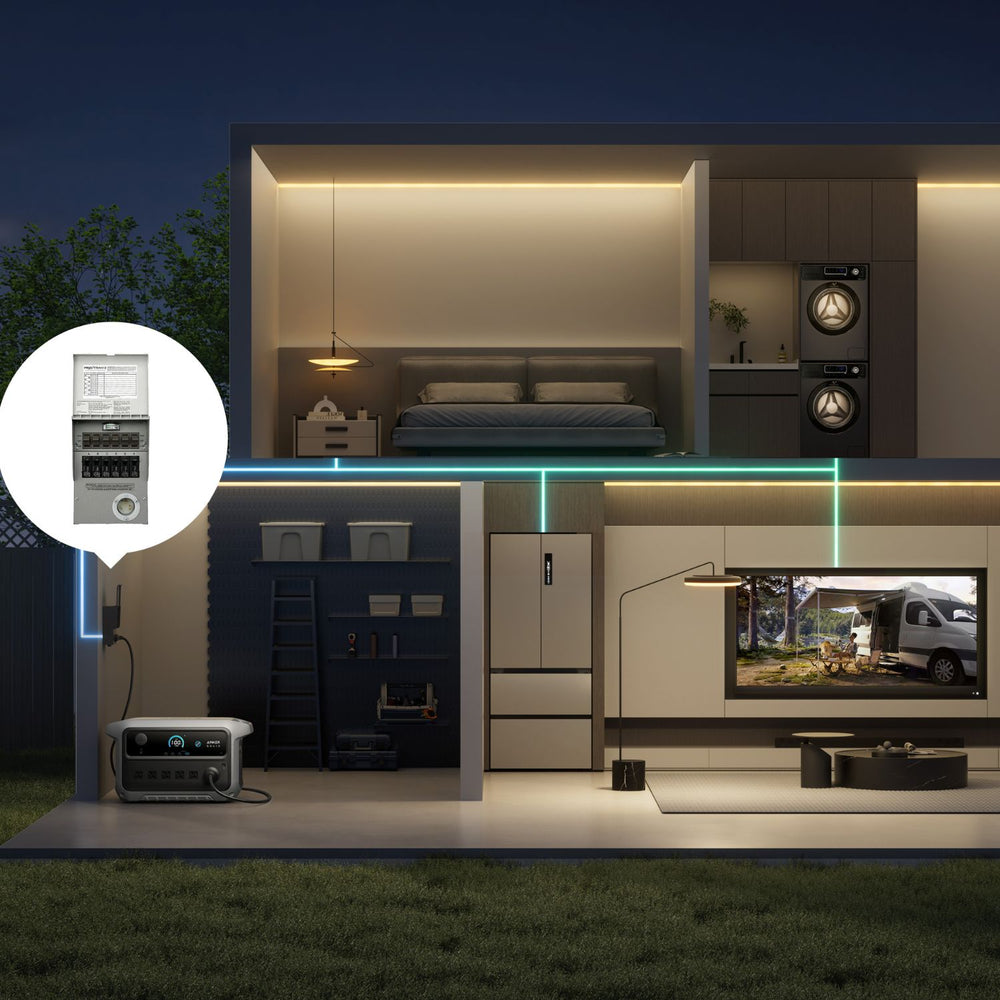 Modern outdoor living space with a bed, kitchen area, and entertainment setup at night connected to Anker SOLIX C2000 Gen 2 Portable Power Station
