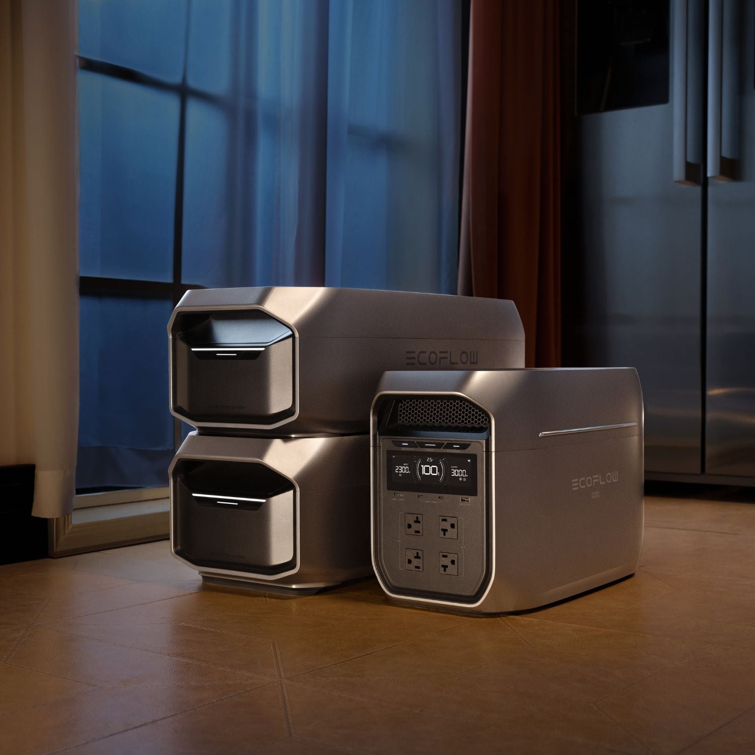 Modern power station with 2 Ecoflow DELTA 3 Max Plus Extra Battery and display on a tiled floor.