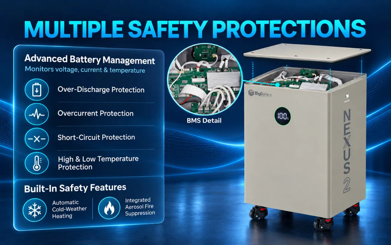 BigBattery 48V 16kWh NEXUS 2 LiFePO4 Battery BMS and safety protections
