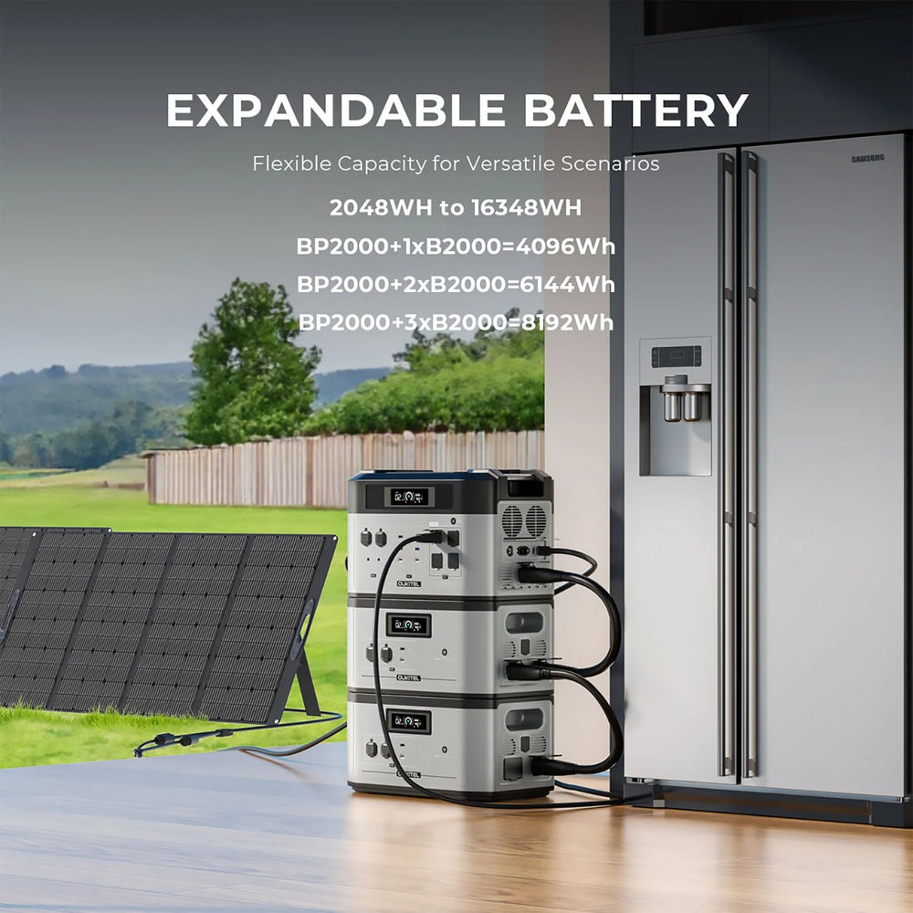 OUKITEL BP2000 Portable Power Station with Expandable battery system with solar panel and refrigerator in outdoor setting