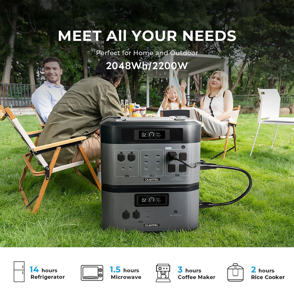 OUKITEL BP2000 Portable Power Station with family in outdoor setting, text indicating power output and usage times.