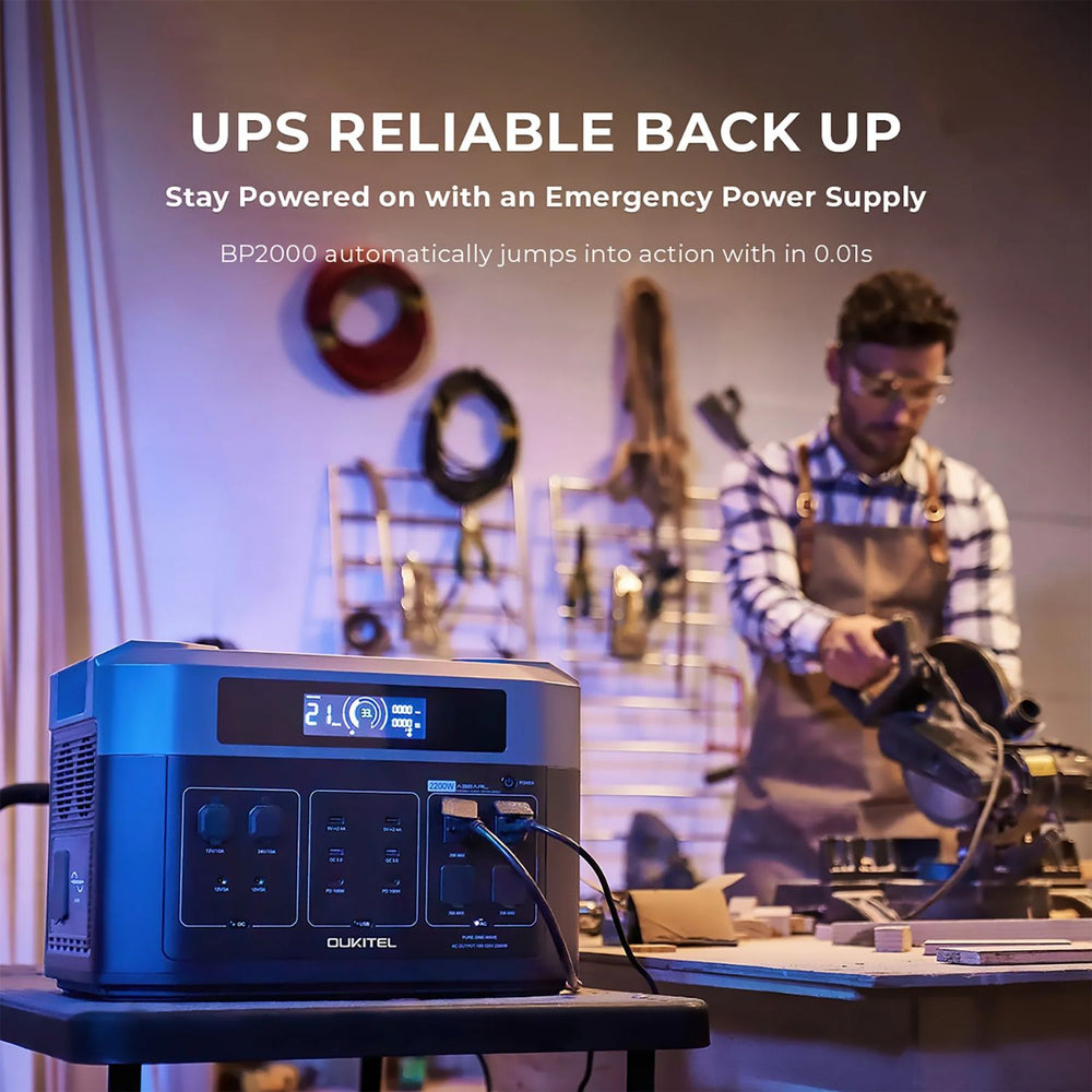 OUKITEL BP2000 Portable Power Station with text 'UPS Reliable Back Up' in a workshop setting.