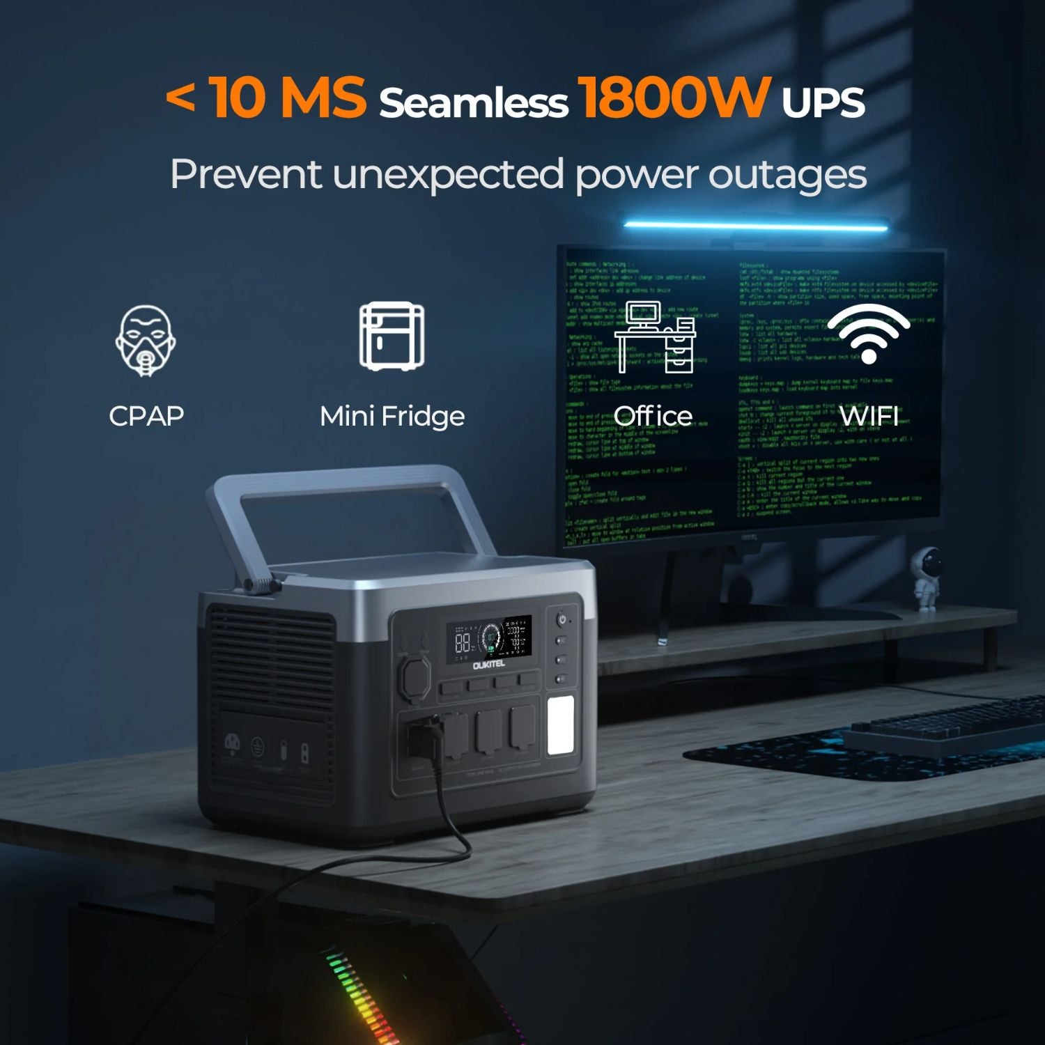 OUKITEL P1000 PLUS Portable Power Station on a desk with computer setup, highlighting its use cases.