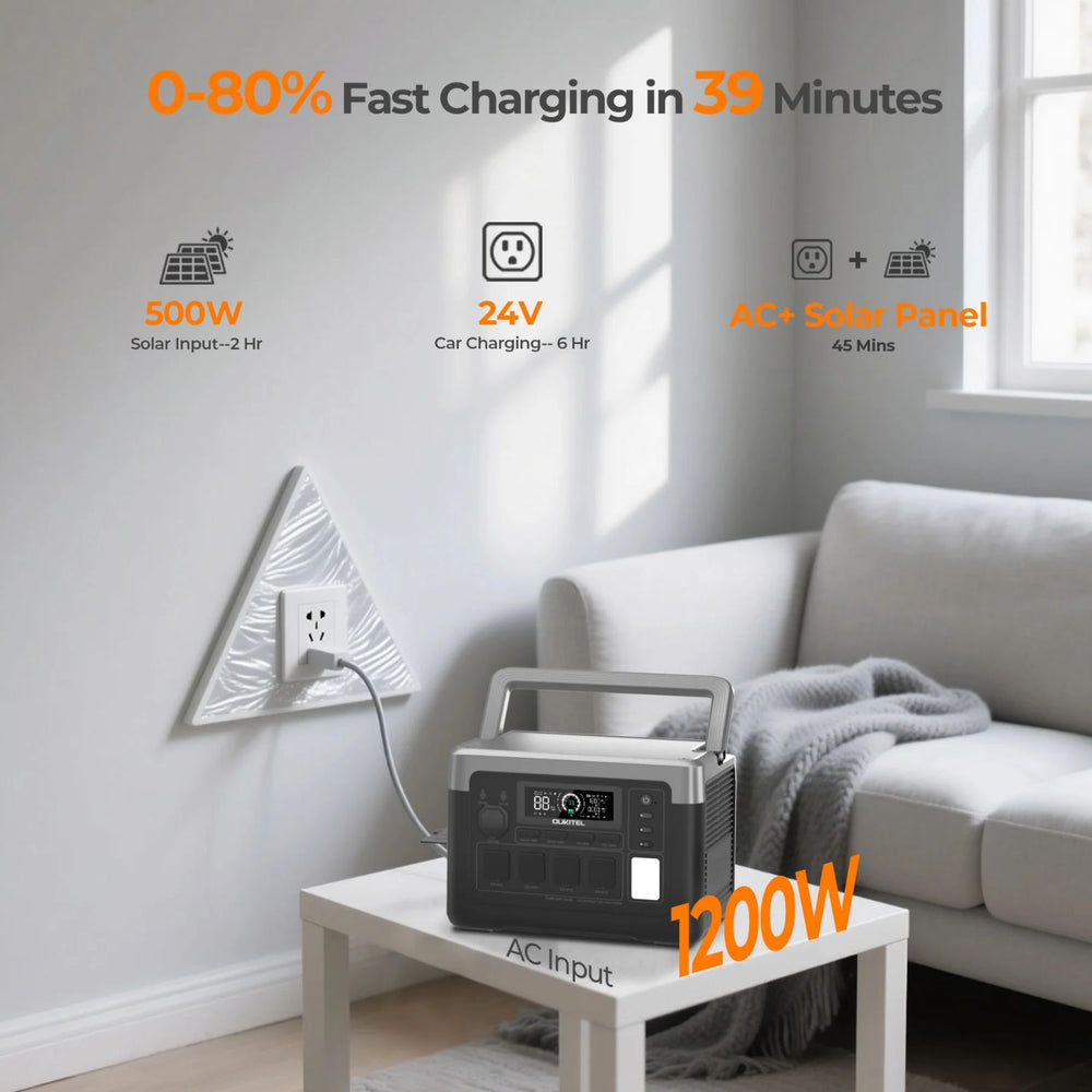 OUKITEL P1000 PLUS Portable Power Station  on a table in a living room with charging capabilities displayed.