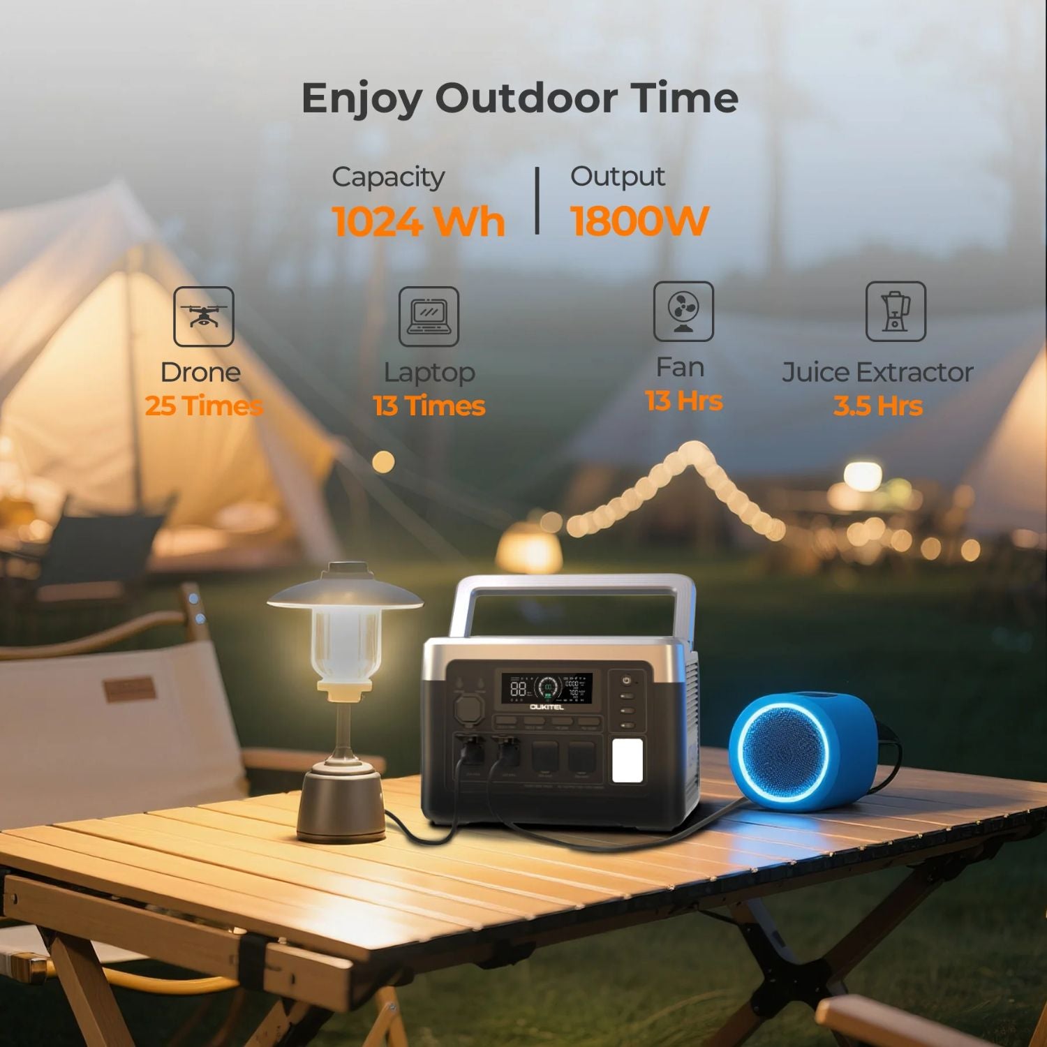 OUKITEL P1000 PLUS Portable Power Station  on a table with outdoor setting, showing capacity and output details.