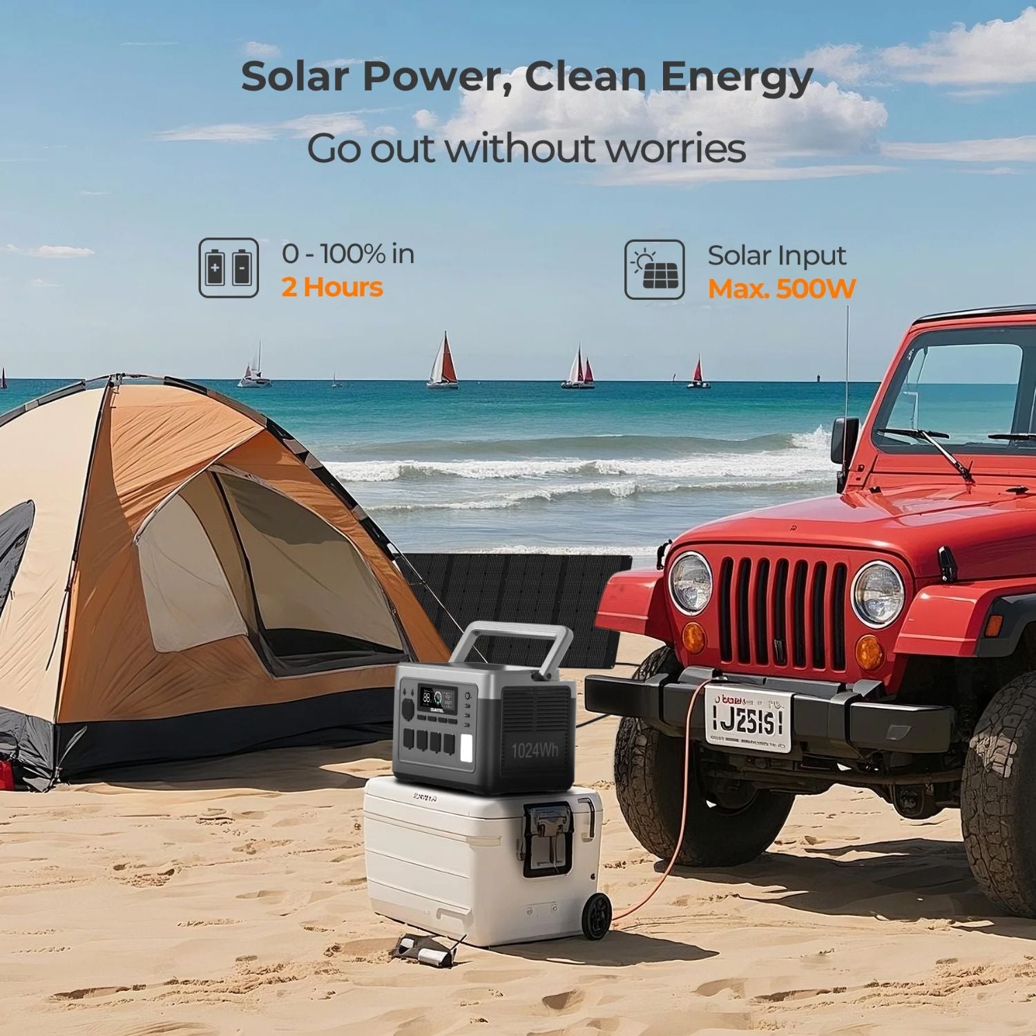 OUKITEL P1000 PLUS Portable Power Station with Solar power station on a beach with a tent and red vehicle, featuring text about solar power and clean energy.