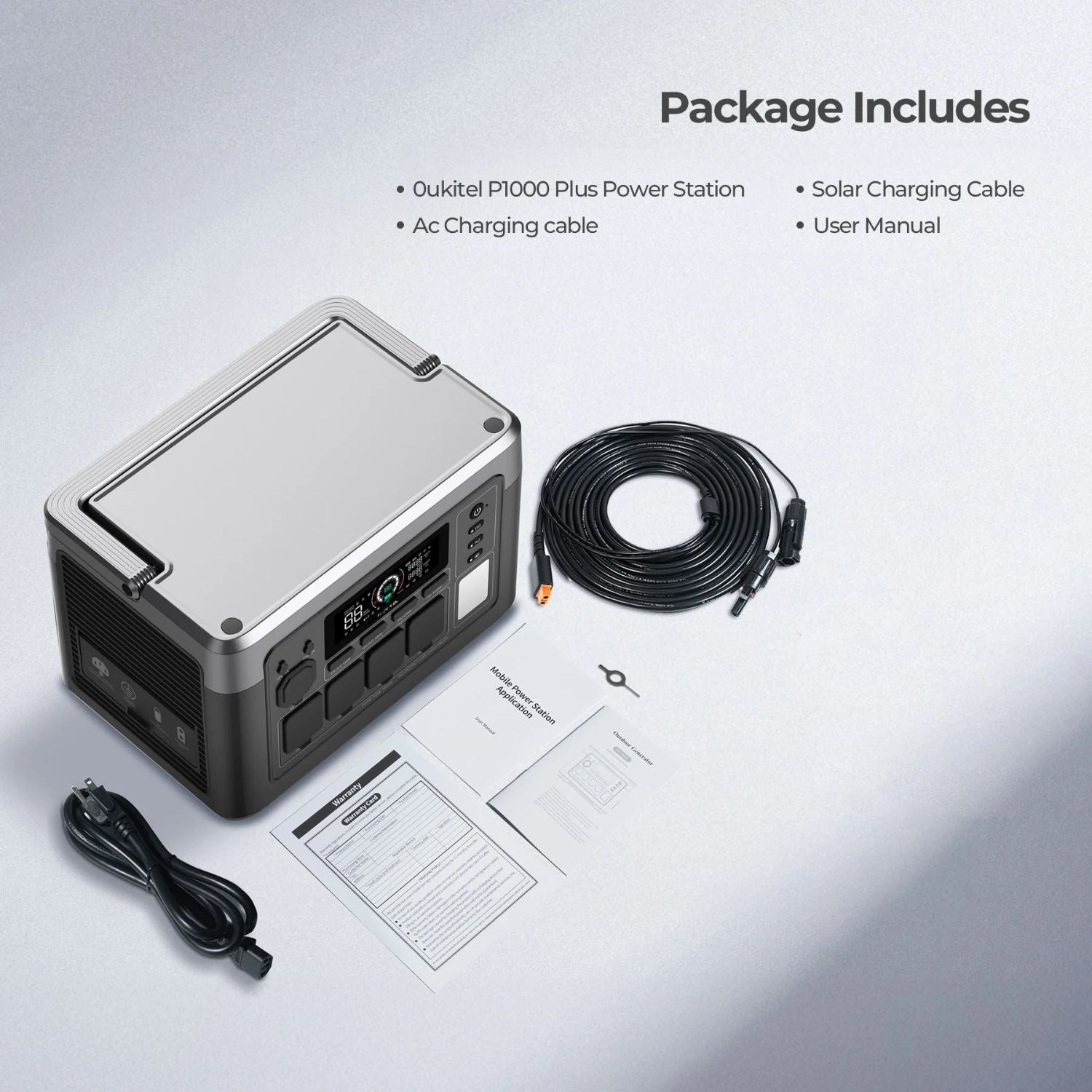 OUKITEL P1000 PLUS Portable Power Station  with charging cable and user manual on a light gray background