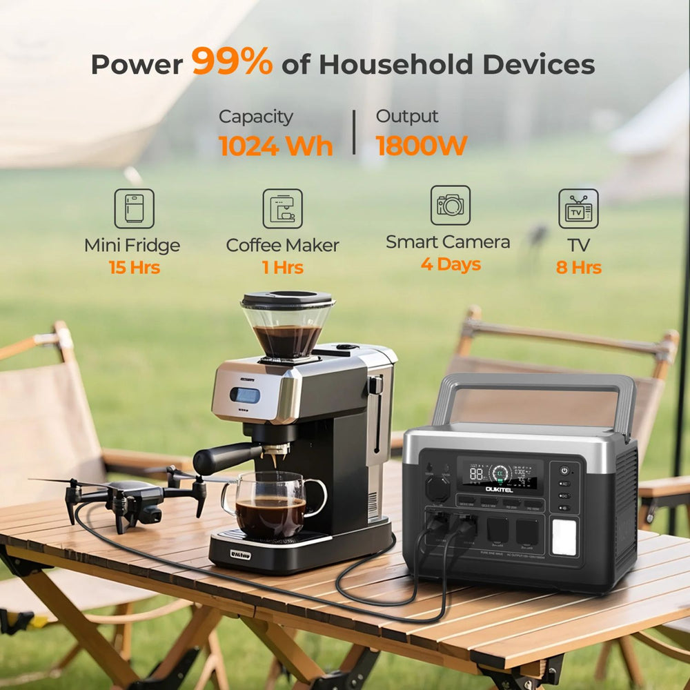 OUKITEL P1000 PLUS Portable Power Station with coffee maker on a camping table, surrounded by nature.