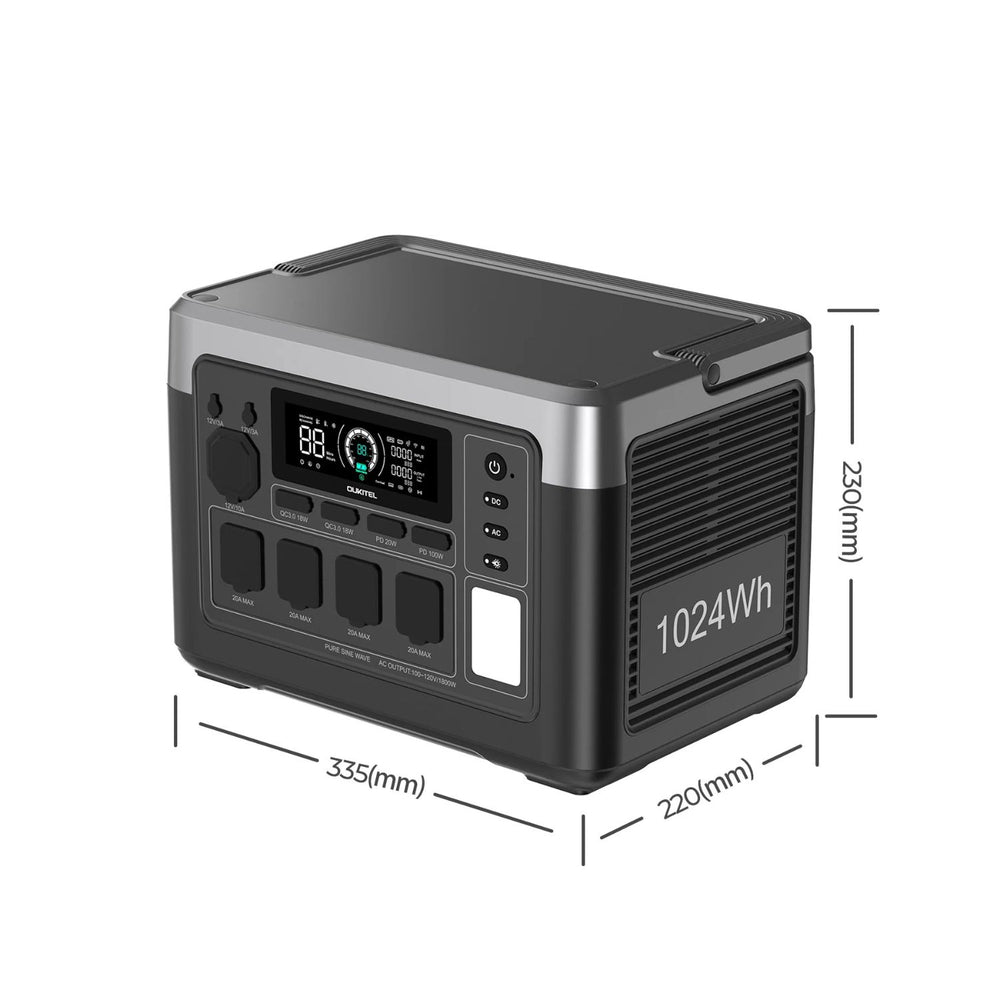 OUKITEL P1000 PLUS Portable Power Station with dimensions labeled on a white background