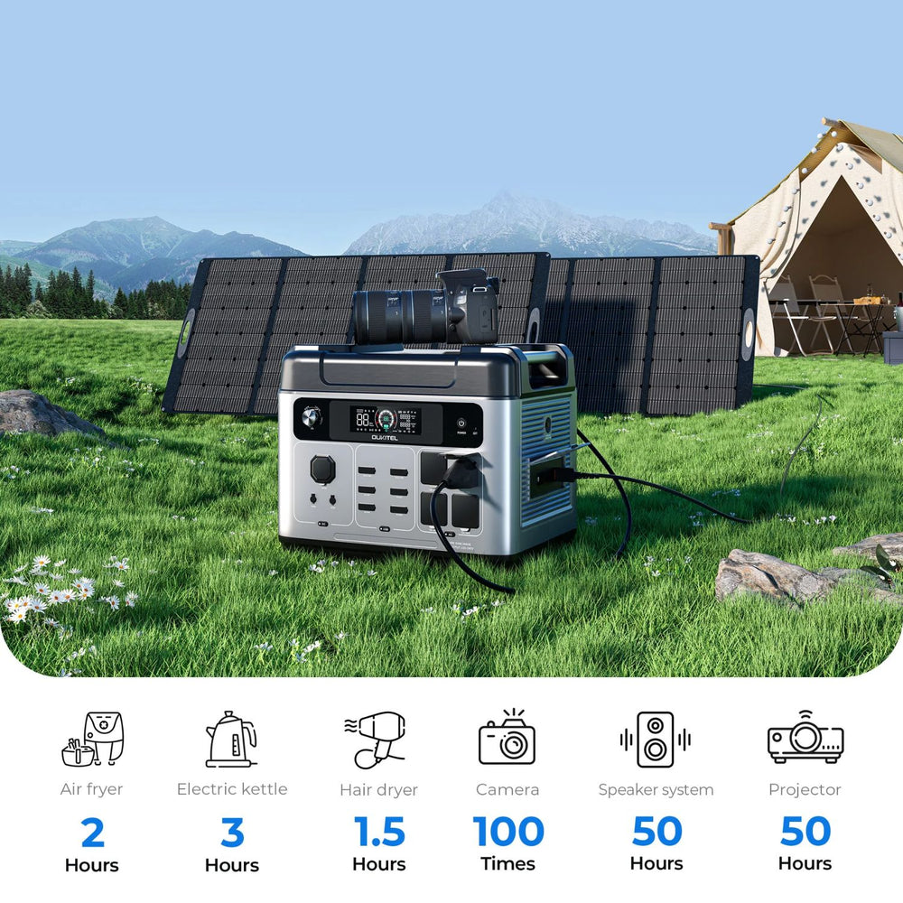 OUKITEL P2001 Plus Portable Power Station with solar panel in a camping setting