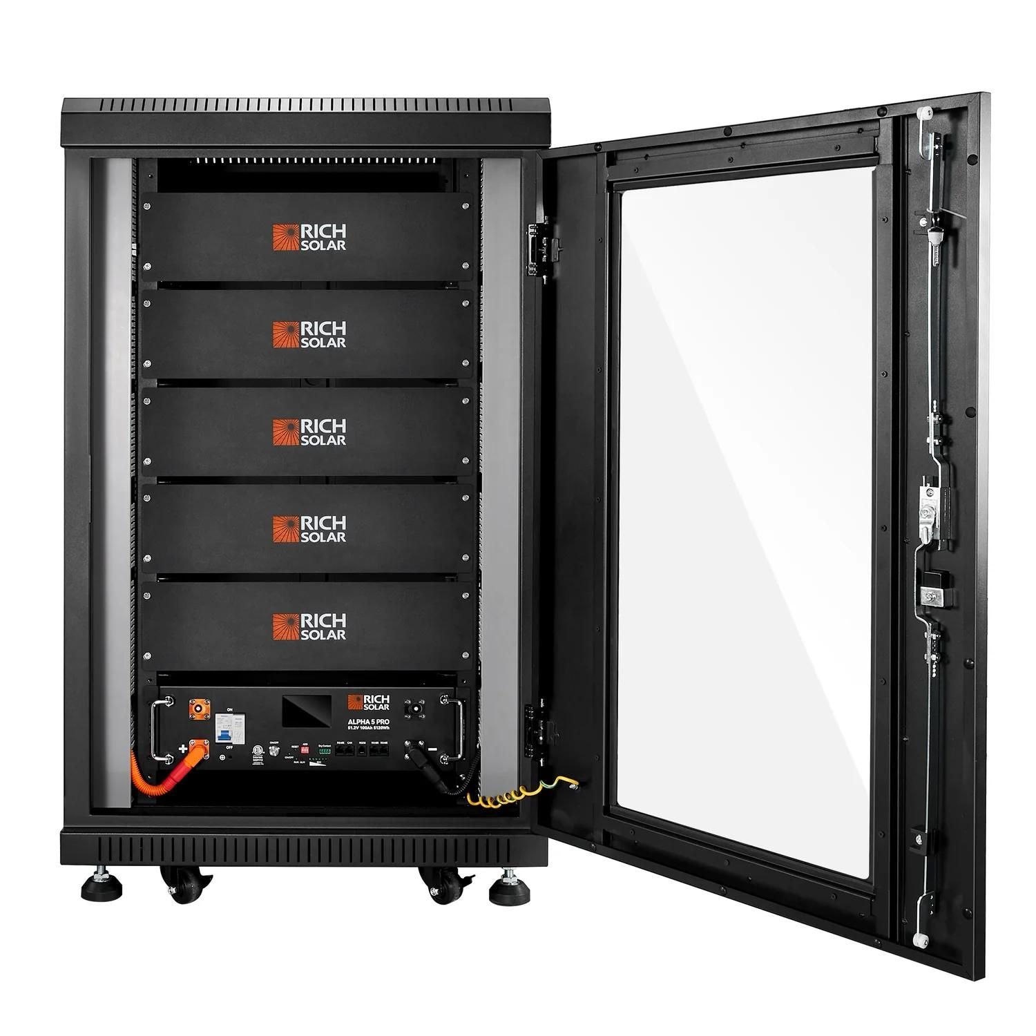 One Rich Solar ALPHA 5 PRO 51.2V with open door server rack