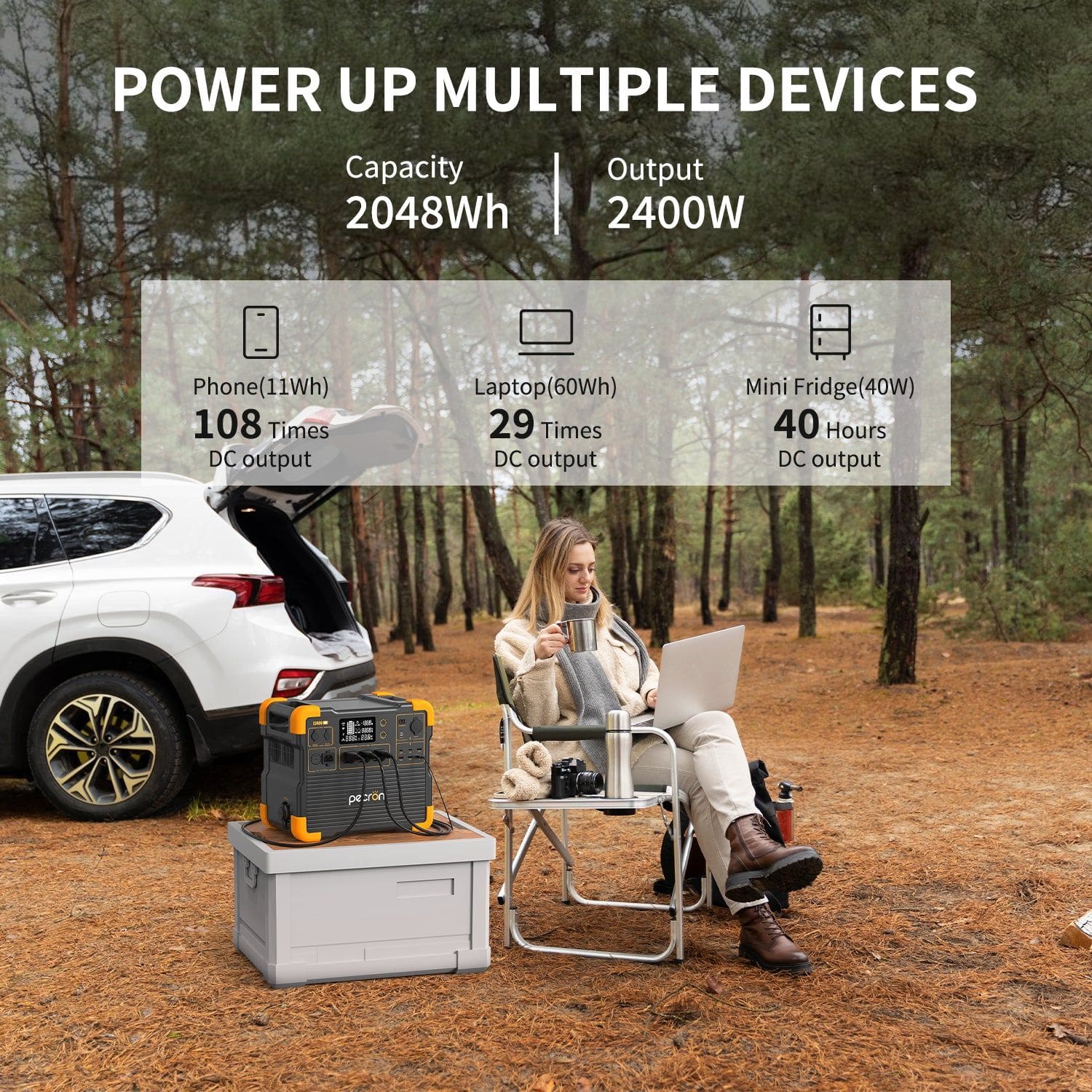 Pecron E2400LFP Portable Power Station charging a laptop with a woman in a forest