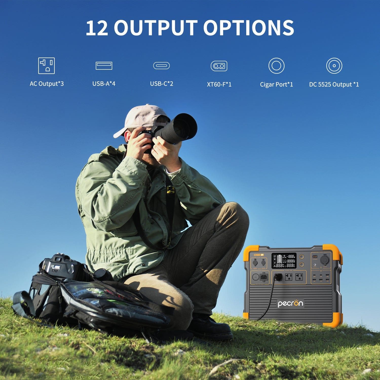 Pecron E2400LFP Portable Power Station next to a man using a camera