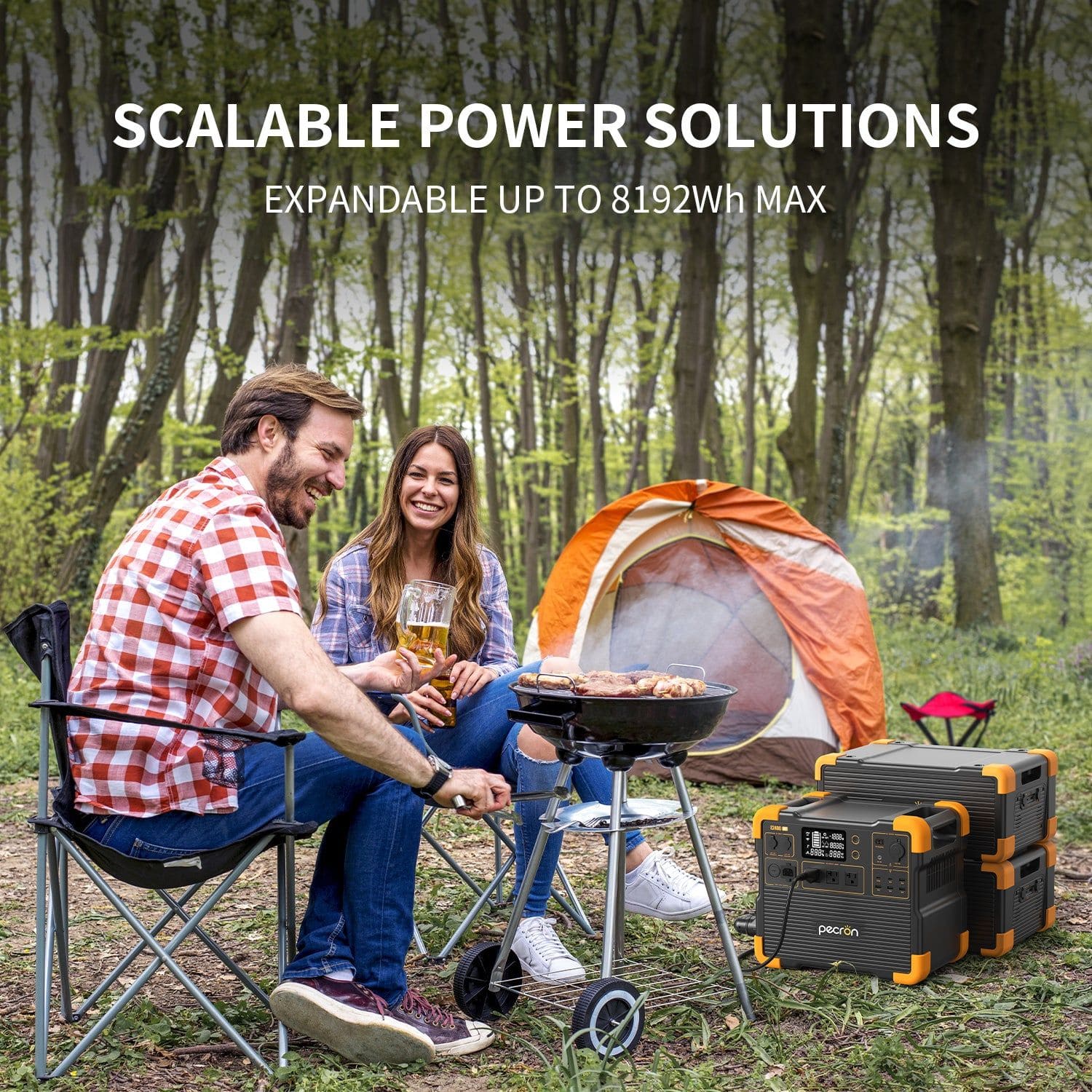 Pecron E2400LFP Portable Power Station with two people camping in a forest