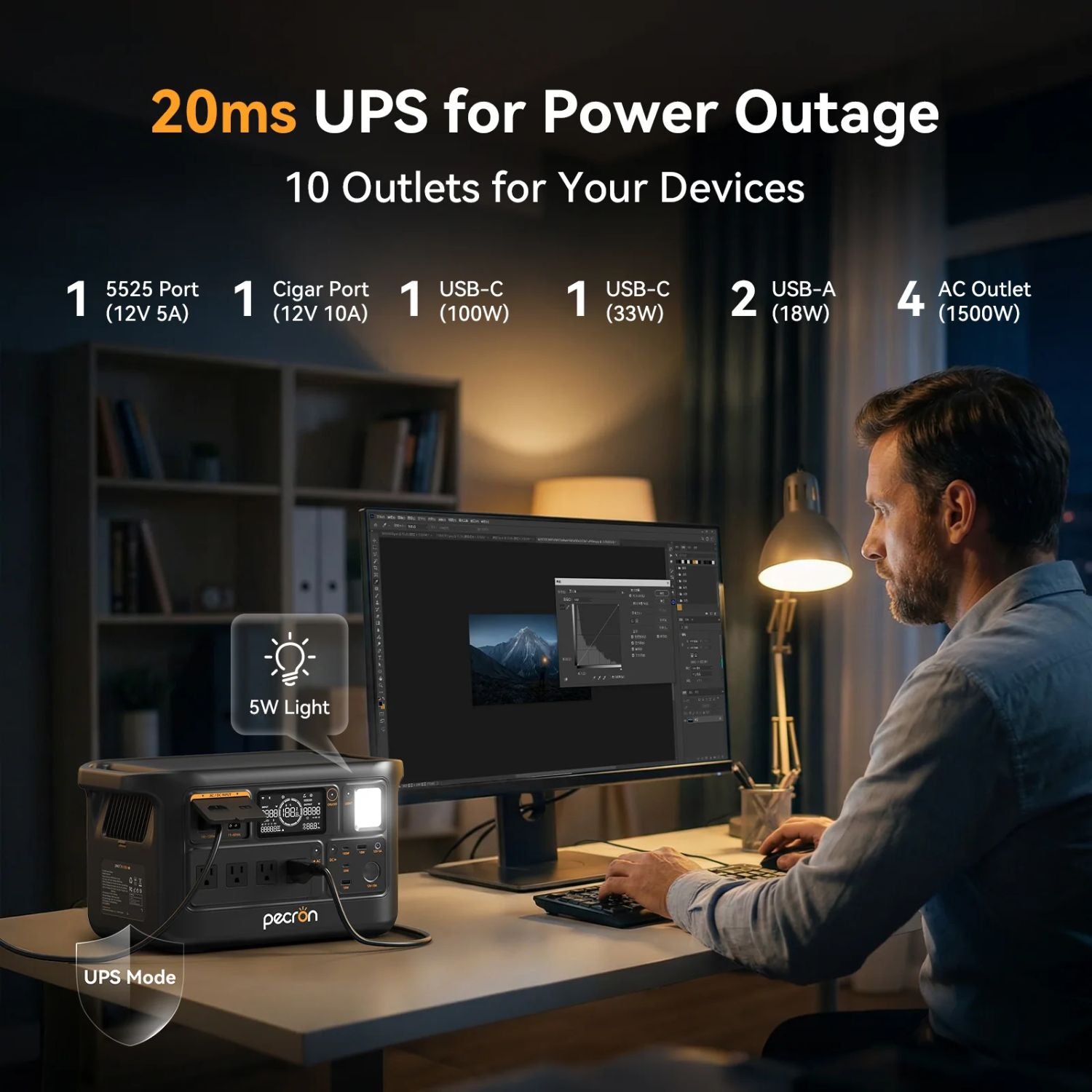 Pecron F1000LFP Portable Power Station connected to a PC with a man using it 