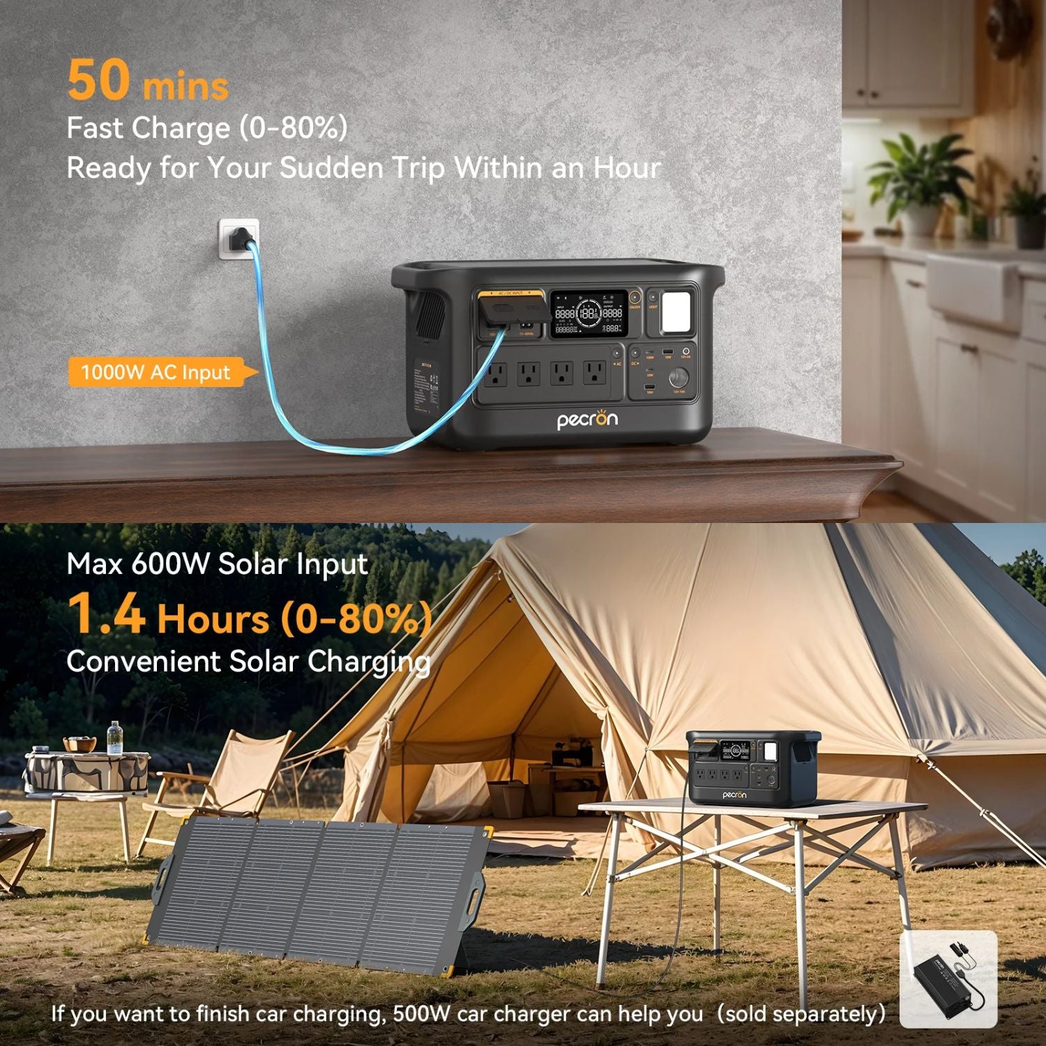 Pecron F1000LFP Portable Power Station Charging Using a Wall Plug and a Solar Panel
