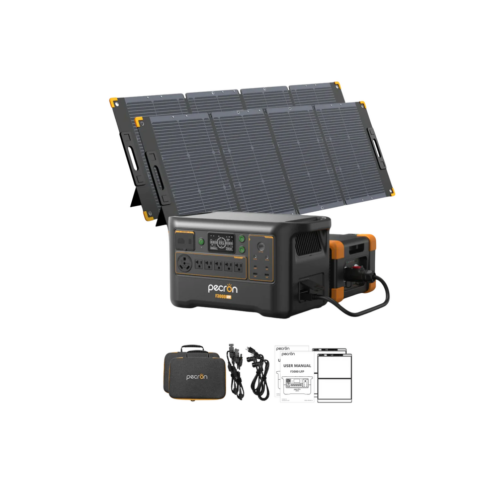 Pecron F3000LFP Portable Power Station + 2x 300W Solar Panel + 1x Expansion Battery Inclusions