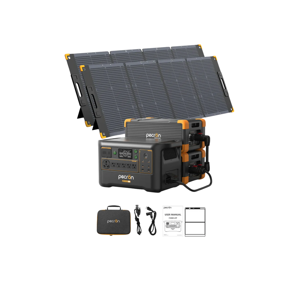 Pecron F3000LFP Portable Power Station + 2x 300W Solar Panel + 2x Expansion Battery Inclusions