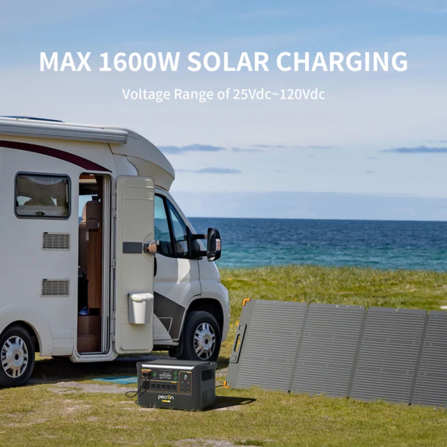 Pecron F3000LFP Portable Power Station Solar charging system for an RV with a solar panel and battery pack in a scenic outdoor setting.