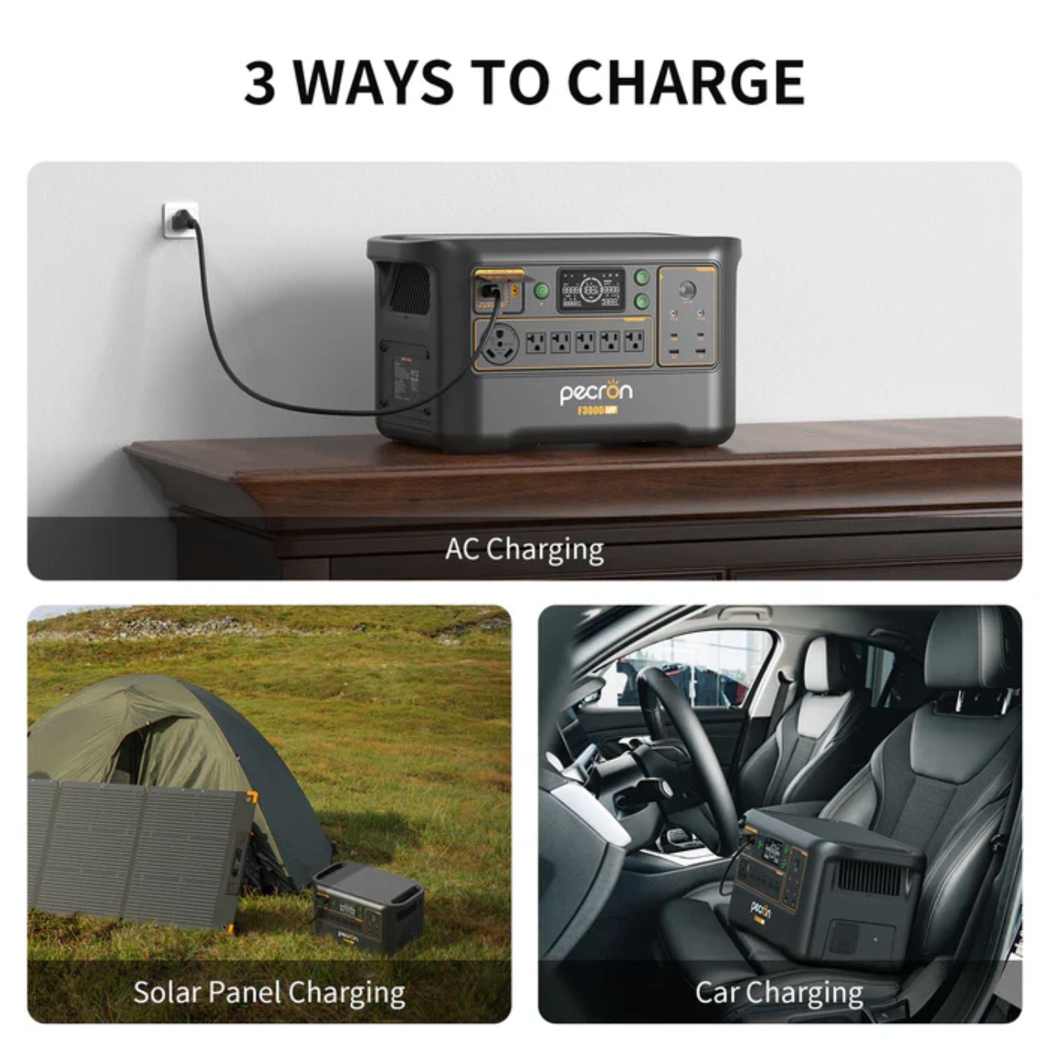 Pecron F3000LFP Portable Power Station with AC, solar panel, and car charging 
